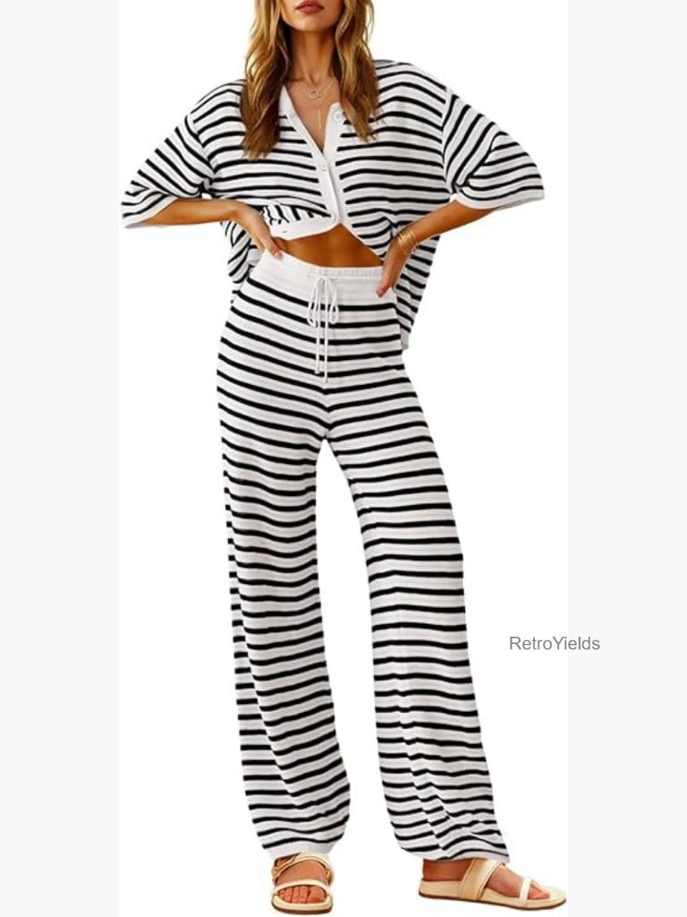 Striped 2 Piece Lounge Set - Short Sleeve Top & Wide Leg Pants - Travel Outfit